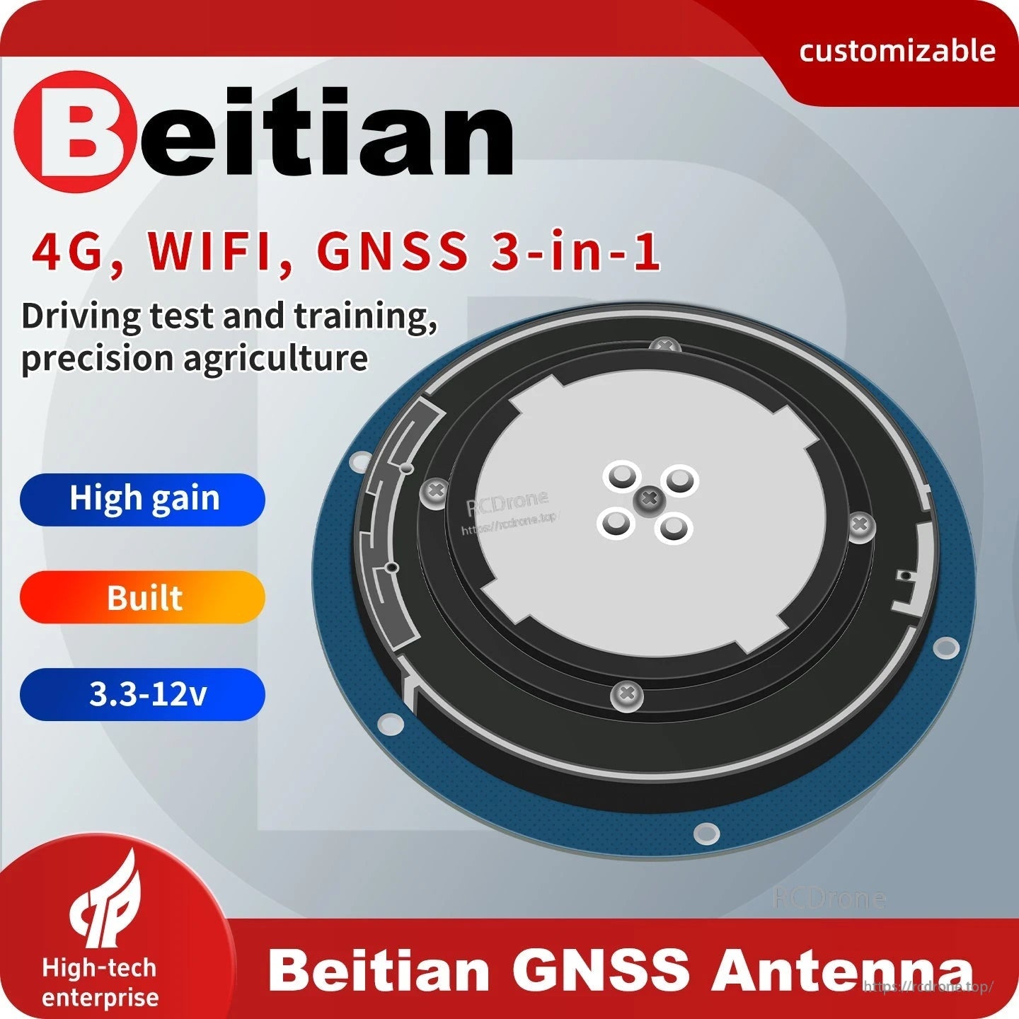 Beitian GNSS antenna promo graphic showing 4G, WiFi and GNSS 3-in-1 concept