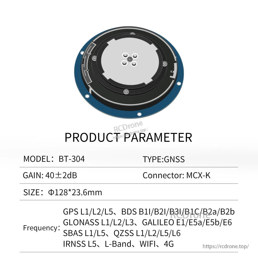 Product parameter sheet for model BT-304 with gain, size, connector type and frequency bands listed