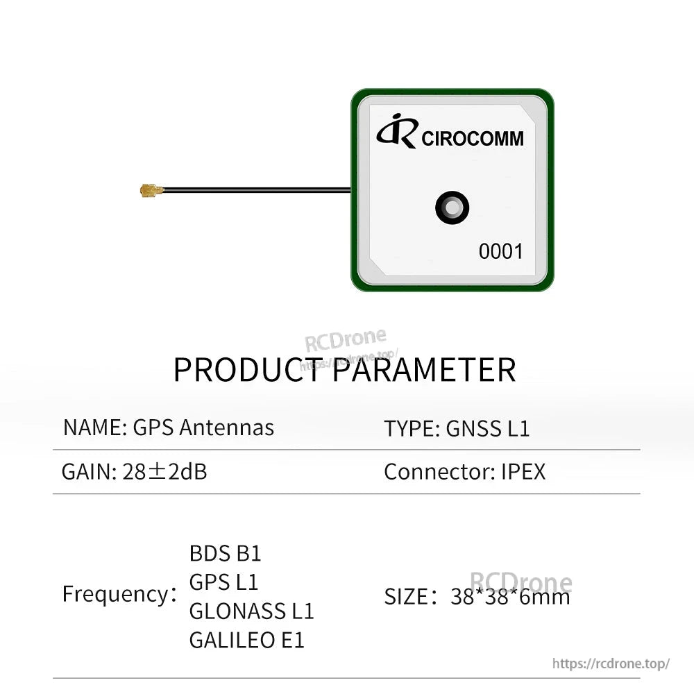 Product parameter chart with CIROCOMM label: GPS antenna 28±2dB, IPEX connector, 38×38×6mm