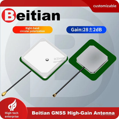 Beitian BT-354GBL GNSS GPS antenna graphic showing 28±2dB gain and RHCP callout