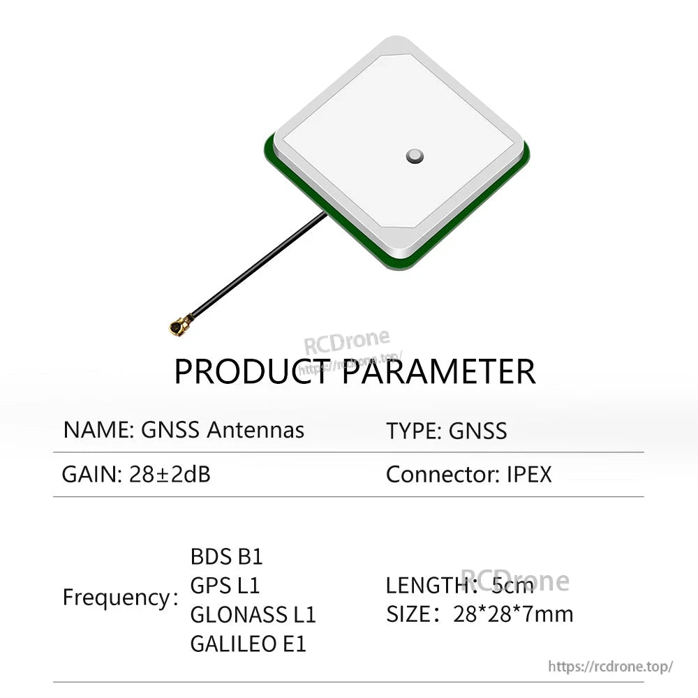 Product parameter chart: GNSS antenna 28±2dB, IPEX connector, 5cm cable, 28×28×7mm size