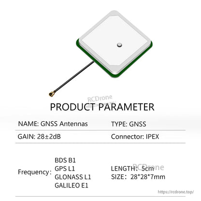 Product parameter chart: GNSS antenna 28±2dB, IPEX connector, 5cm cable, 28×28×7mm size