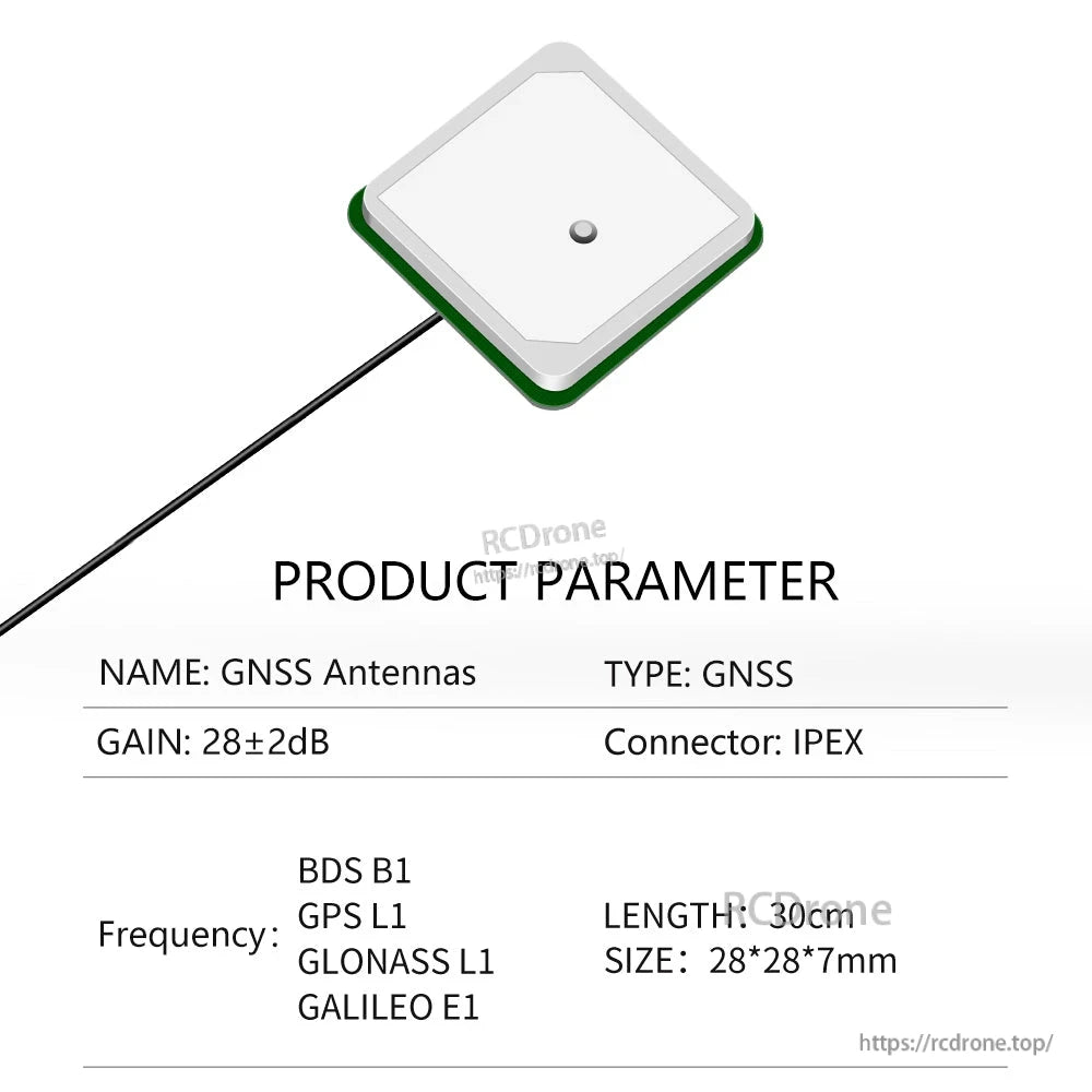 Product parameter chart: GNSS antenna 28±2dB, IPEX connector, 30cm cable, 28×28×7mm size