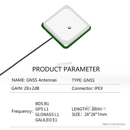 Product parameter chart: GNSS antenna 28±2dB, IPEX connector, 30cm cable, 28×28×7mm size