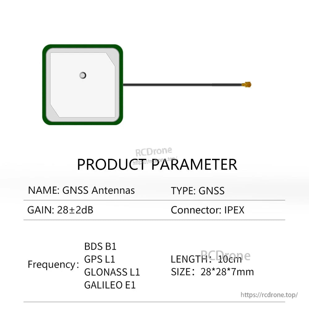 Product parameter chart: GNSS antenna 28±2dB, IPEX connector, 10cm cable, 28×28×7mm size