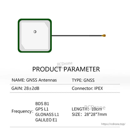 Product parameter chart: GNSS antenna 28±2dB, IPEX connector, 10cm cable, 28×28×7mm size