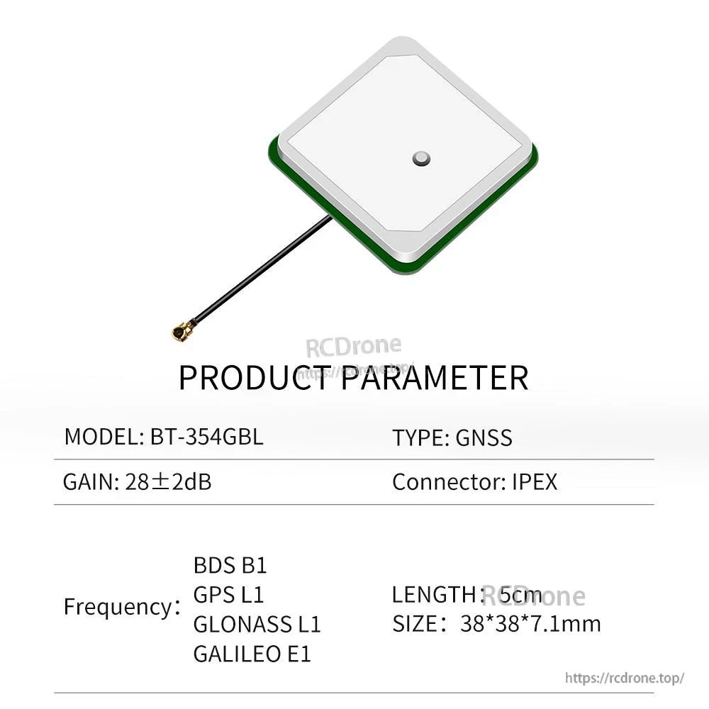 Product parameter chart for model BT-354GBL: GNSS 28±2dB, IPEX connector, 5cm cable, 38×38×7.1mm