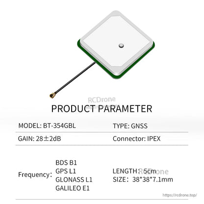 Product parameter chart for model BT-354GBL: GNSS 28±2dB, IPEX connector, 5cm cable, 38×38×7.1mm