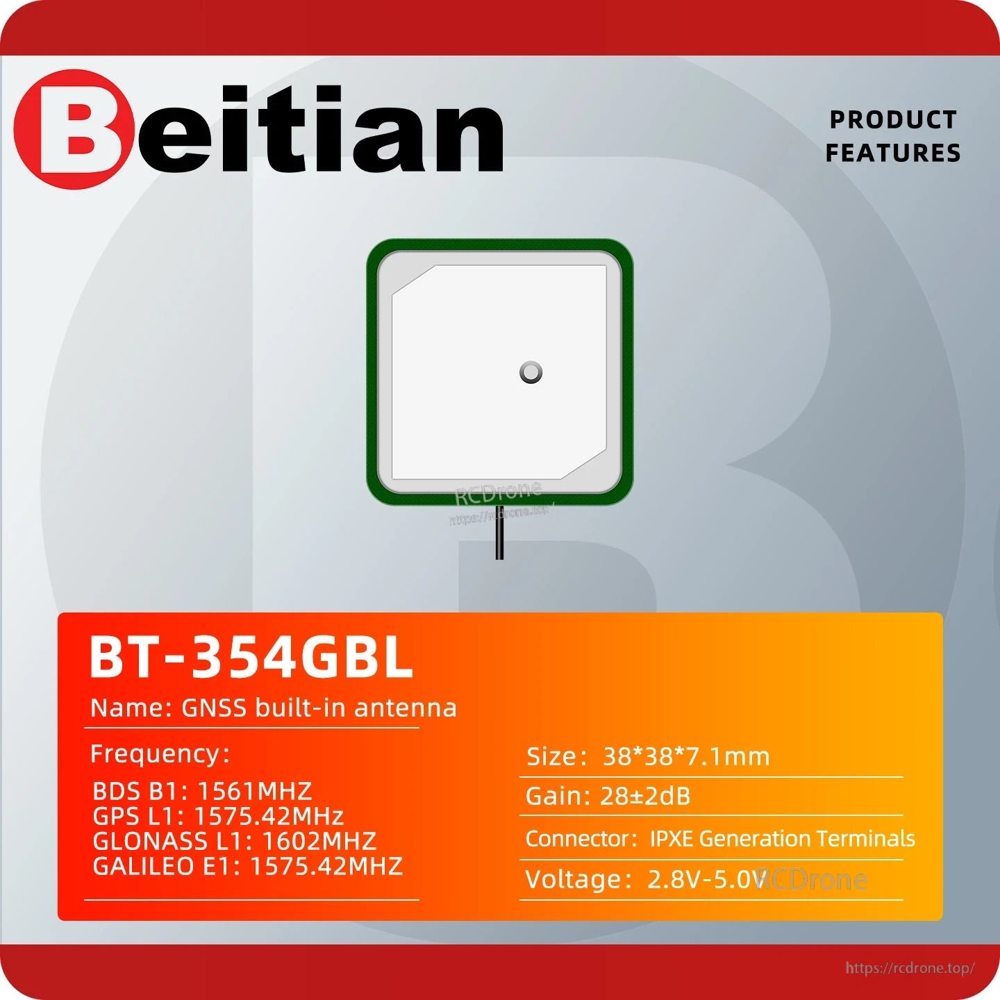 BT-354GBL product features card listing frequency bands, 38×38×7.1mm size, IPEX connector