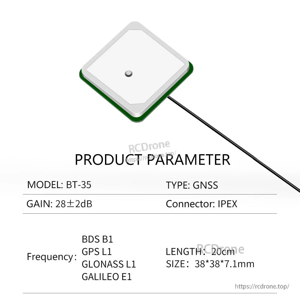 Product parameter chart for model BT-35: GNSS 28±2dB, IPEX connector, 20cm cable, 38×38×7.1mm