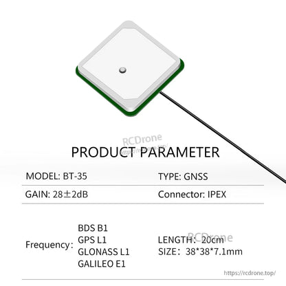 Product parameter chart for model BT-35: GNSS 28±2dB, IPEX connector, 20cm cable, 38×38×7.1mm