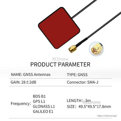 Product parameter table with red square antenna base, SMA-J connector, 3m cable, 49.5×49.5×17.8mm
