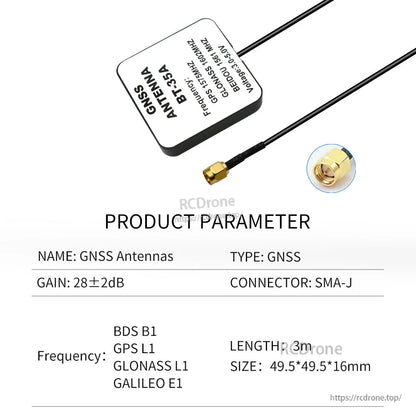 Product parameter table showing gain 28±2dB, SMA-J connector, 3m cable and 49.5×49.5×16mm size