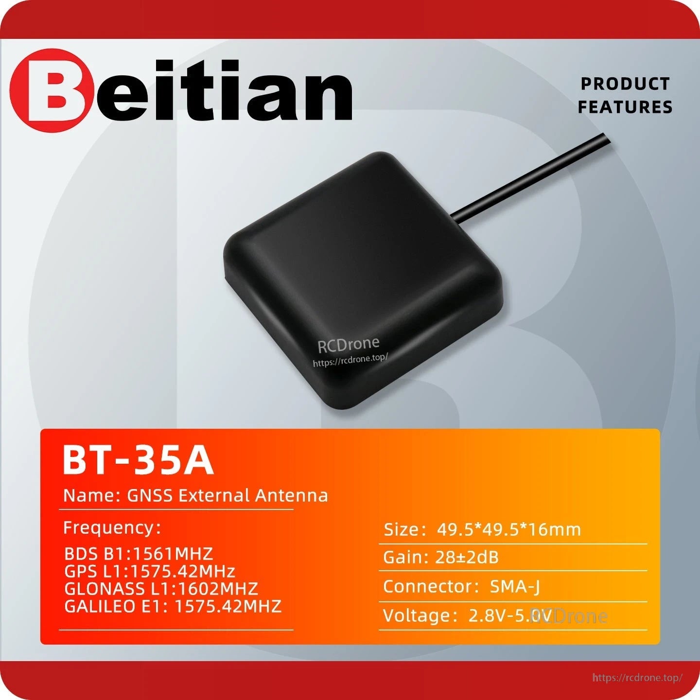 Beitian BT-35A GNSS external antenna product features card with frequency bands, size and SMA-J