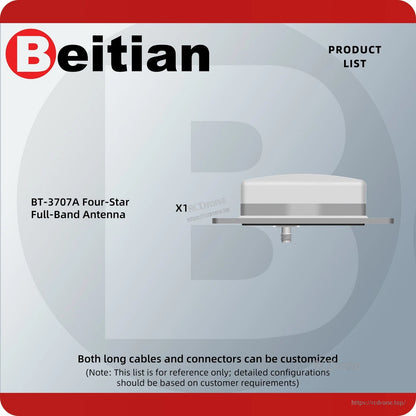 Product list graphic showing BT-3707A four-star full-band antenna quantity x1 and customization note