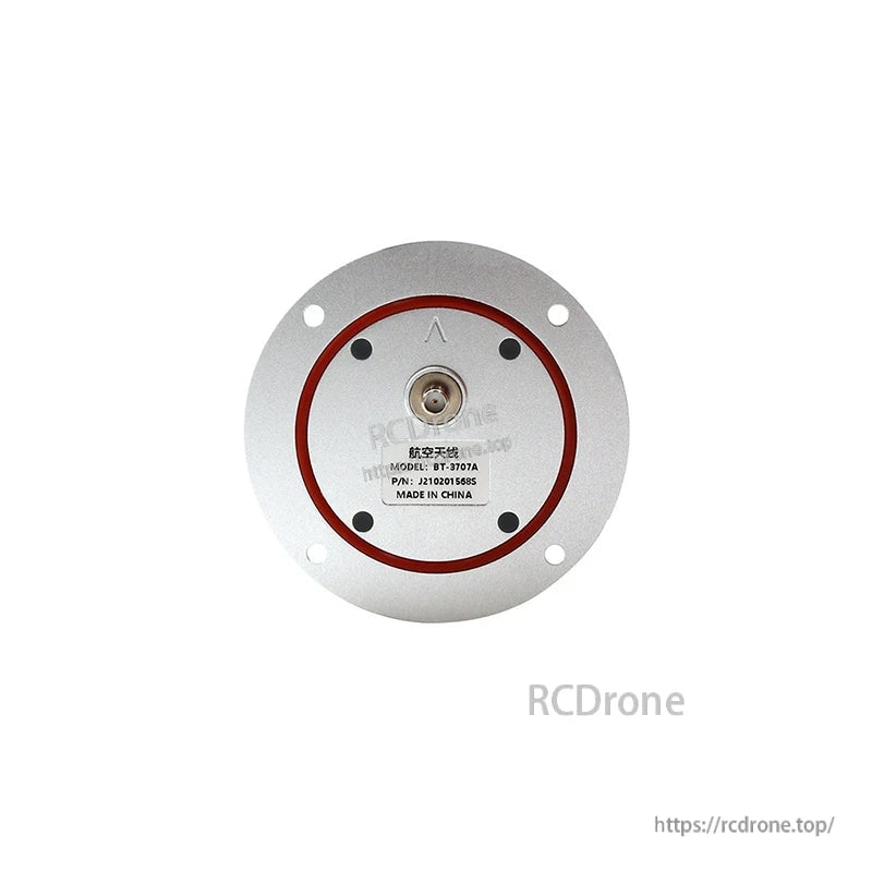 Bottom view of Beitian BT-3707A GNSS antenna with SMA connector, mounting holes, and red sealing ring