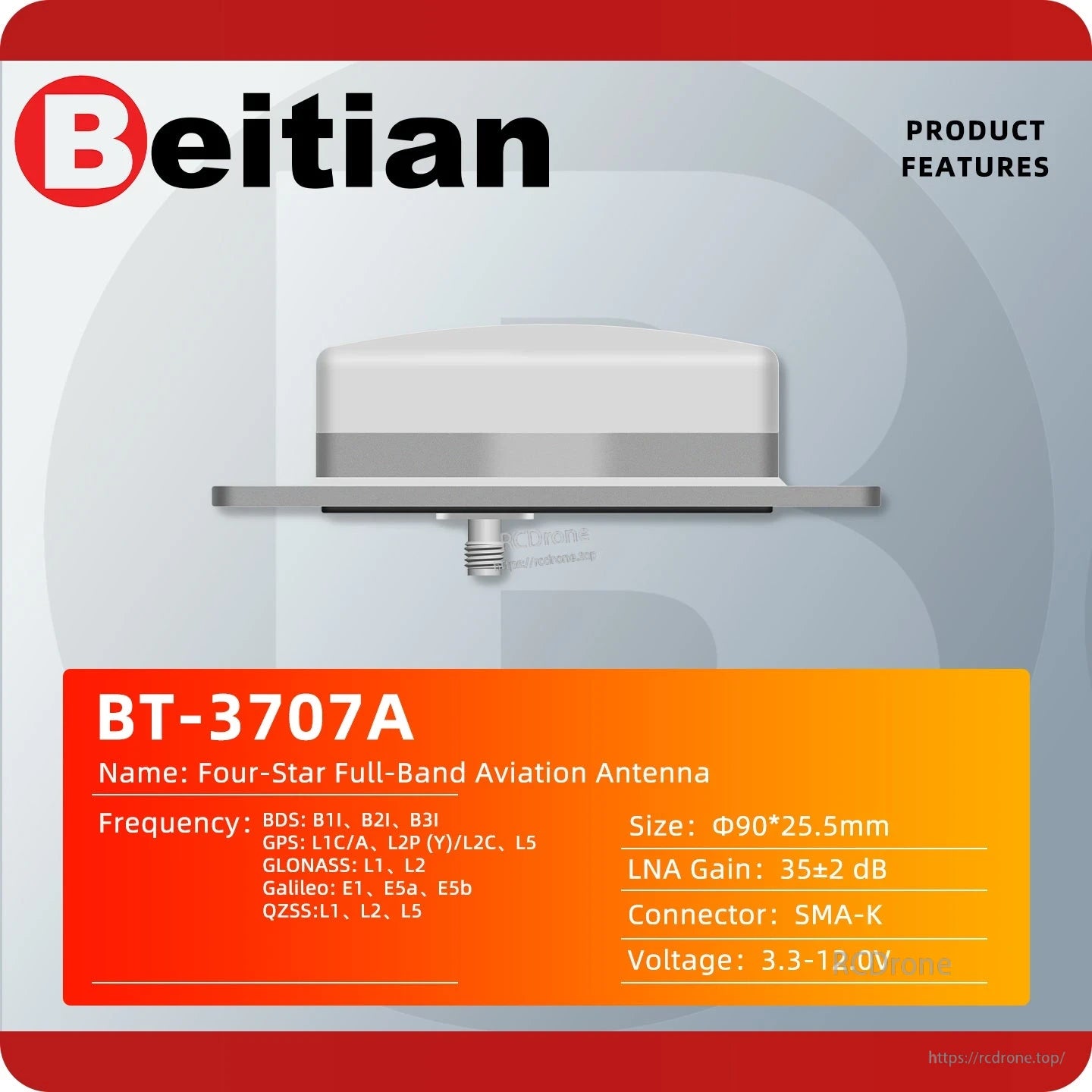 BT-3707A product features graphic with side view, size diagram, and frequency band list