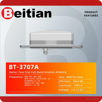 BT-3707A product features graphic with side view, size diagram, and frequency band list