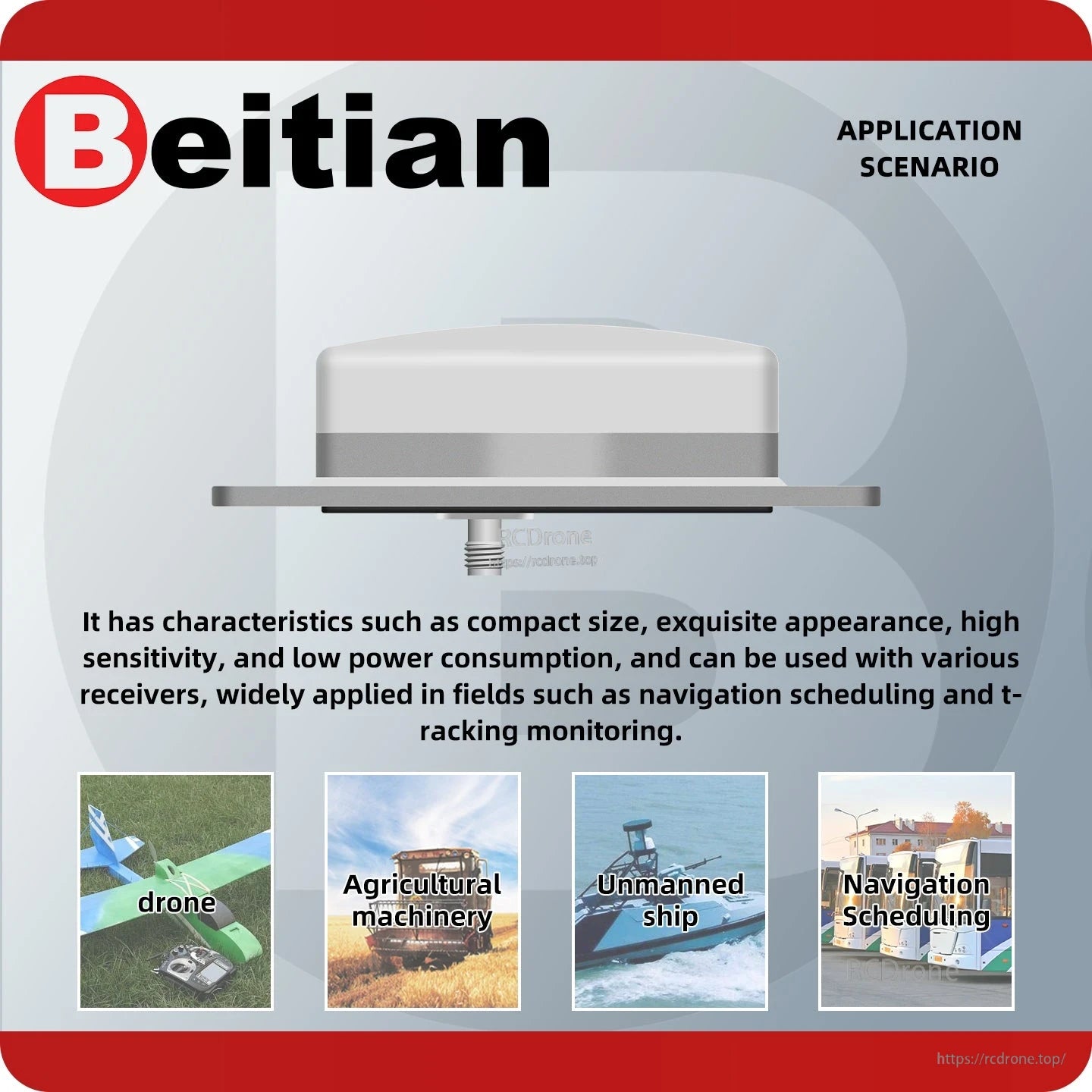Application scenario graphic for BT-3707A antenna: drone, agricultural machinery, unmanned ship, navigation