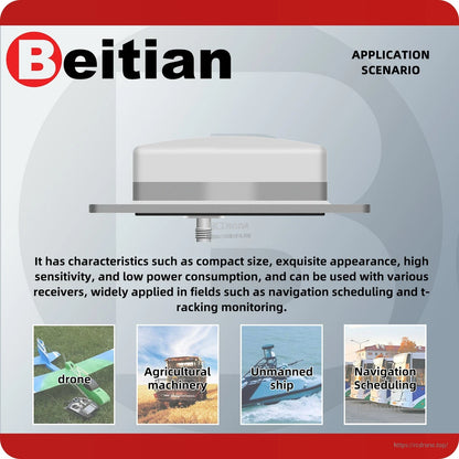 Application scenario graphic for BT-3707A antenna: drone, agricultural machinery, unmanned ship, navigation