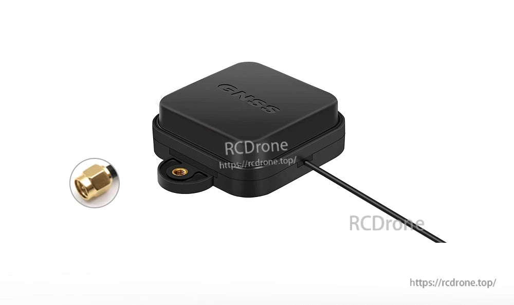 Angled view of compact GNSS antenna with side mounting tab, cable lead, and SMA connector inset