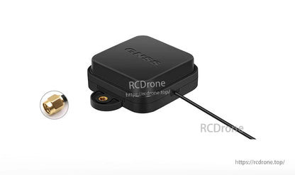 Angled view of compact GNSS antenna with side mounting tab, cable lead, and SMA connector inset