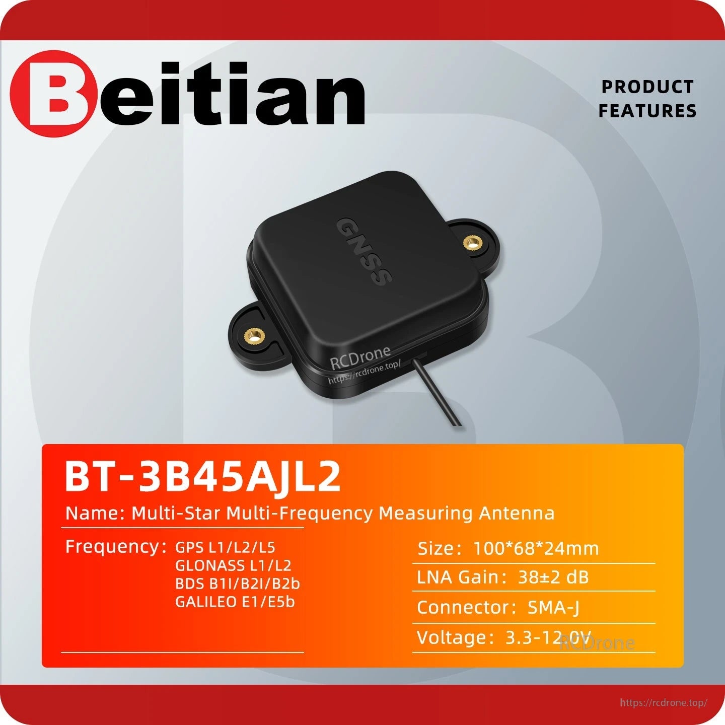 BT-3B45AJL2 product features graphic with multi-frequency GNSS bands, SMA-J connector, and size 100×68×24 mm
