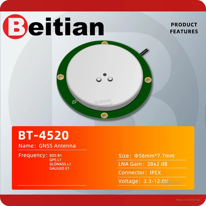 Beitian BT-4520 GNSS antenna product features card with frequency bands list, size, LNA gain and IPEX connector