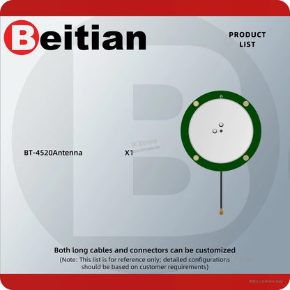 Product list graphic showing BT-4520 antenna included (x1) with note about customizable cable and connectors