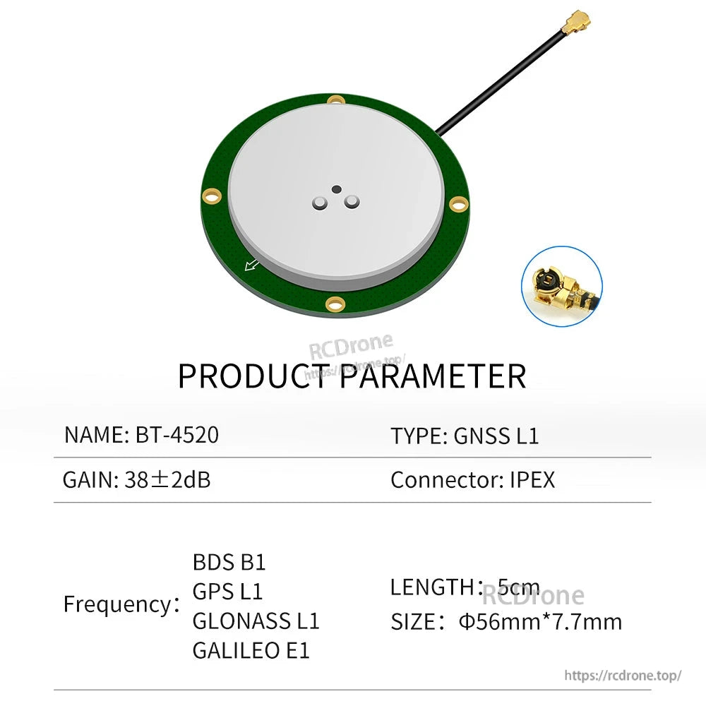 BT-4520 GNSS antenna product parameter table with gain, frequency bands, cable length, size and IPEX connector