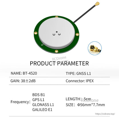 BT-4520 GNSS antenna product parameter table with gain, frequency bands, cable length, size and IPEX connector