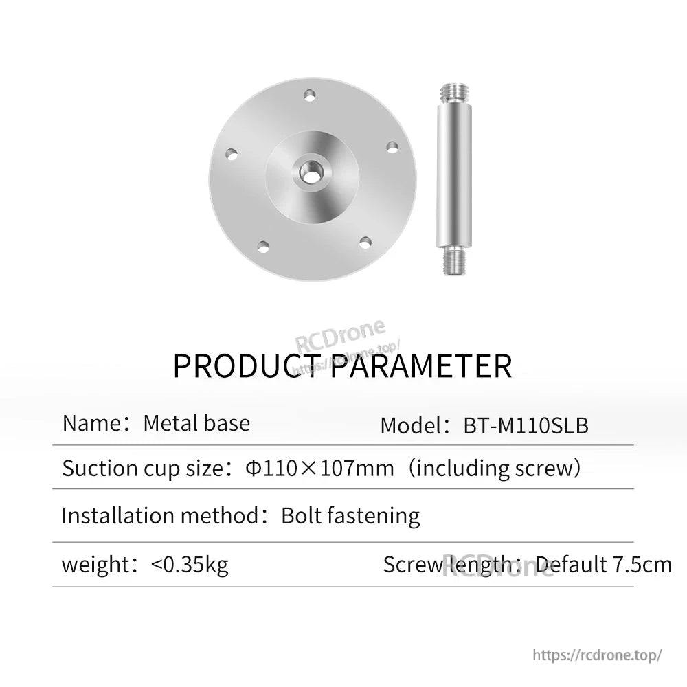 Metal base BT-M110SLB parameter card showing bolt fastening method and default screw length