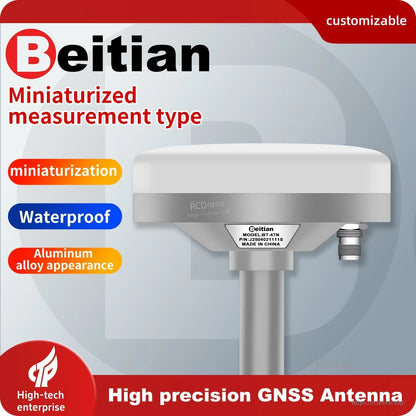 Beitian BT-47N GNSS antenna promotional graphic showing waterproof aluminum housing on mounting pole