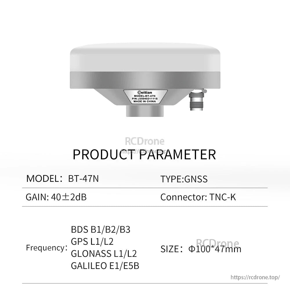 BT-47N product parameter table showing gain, connector TNC-K, frequency systems and antenna size