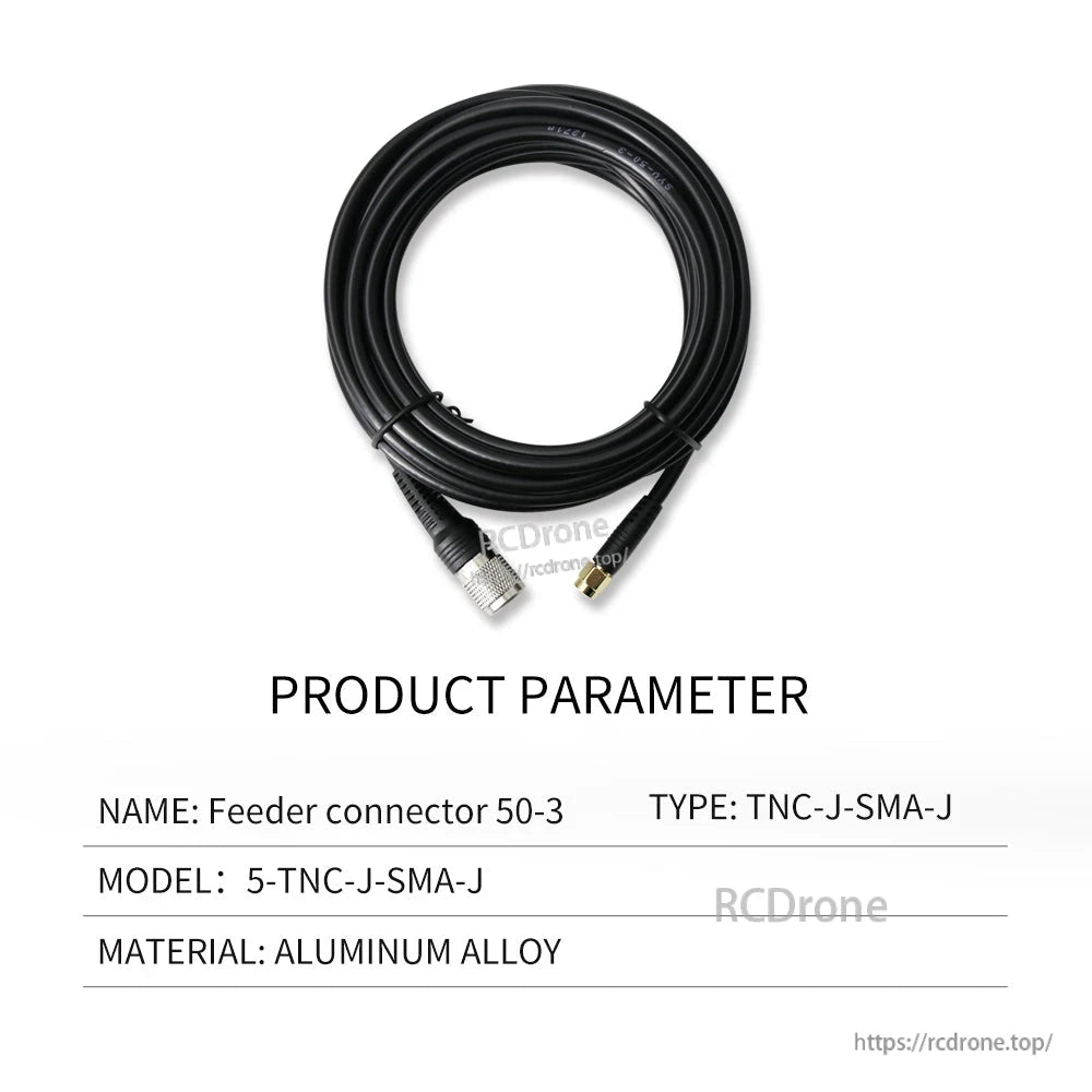 Feeder connector 50-3 cable parameter card, type TNC-J to SMA-J, coiled cable shown