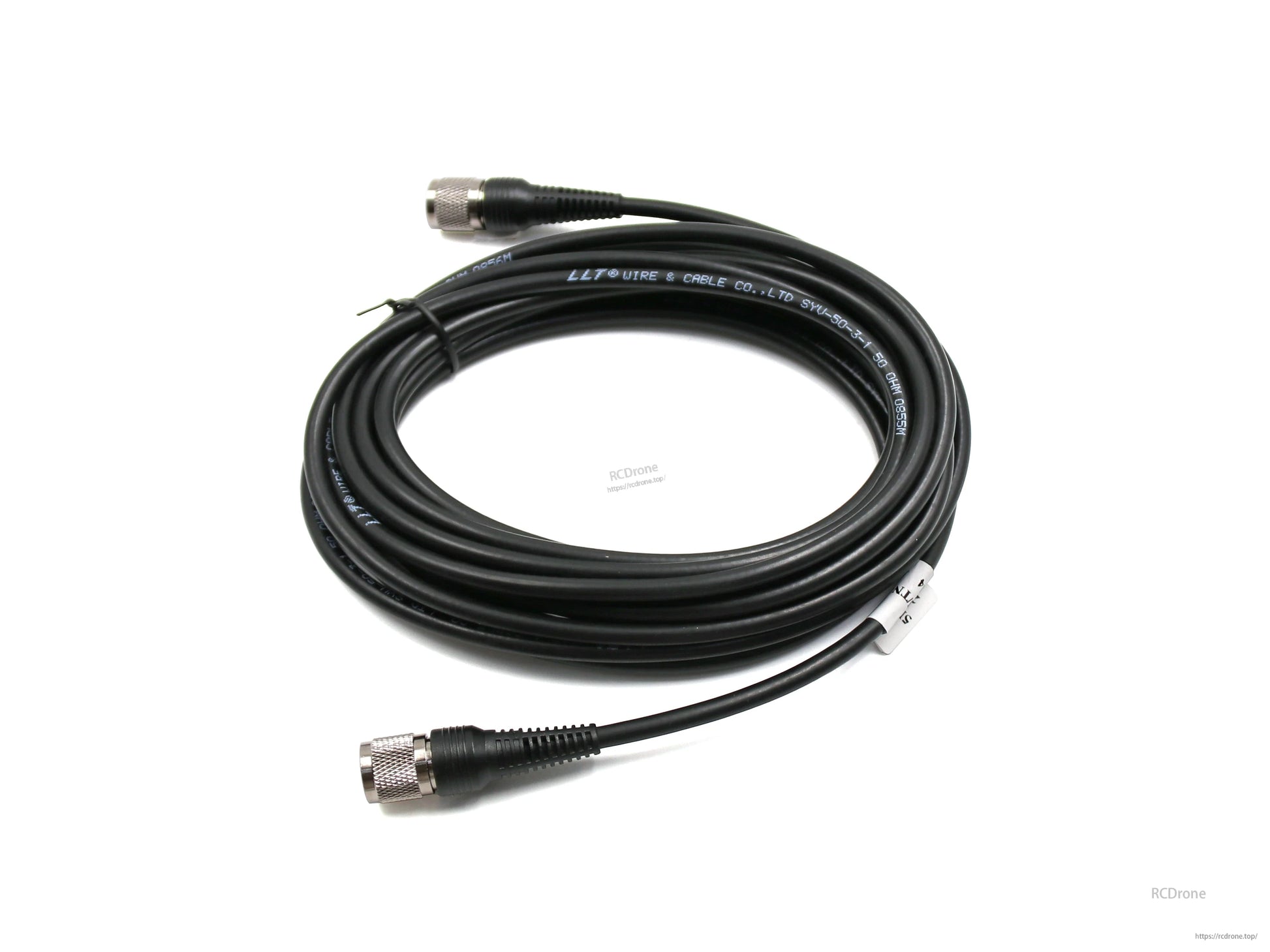Coiled coaxial cable with TNC male connectors on both ends, shown on white background