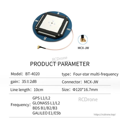 BT-4020 product parameter table showing gain, MCX-JW connector, 10 cm cable, size and GNSS bands