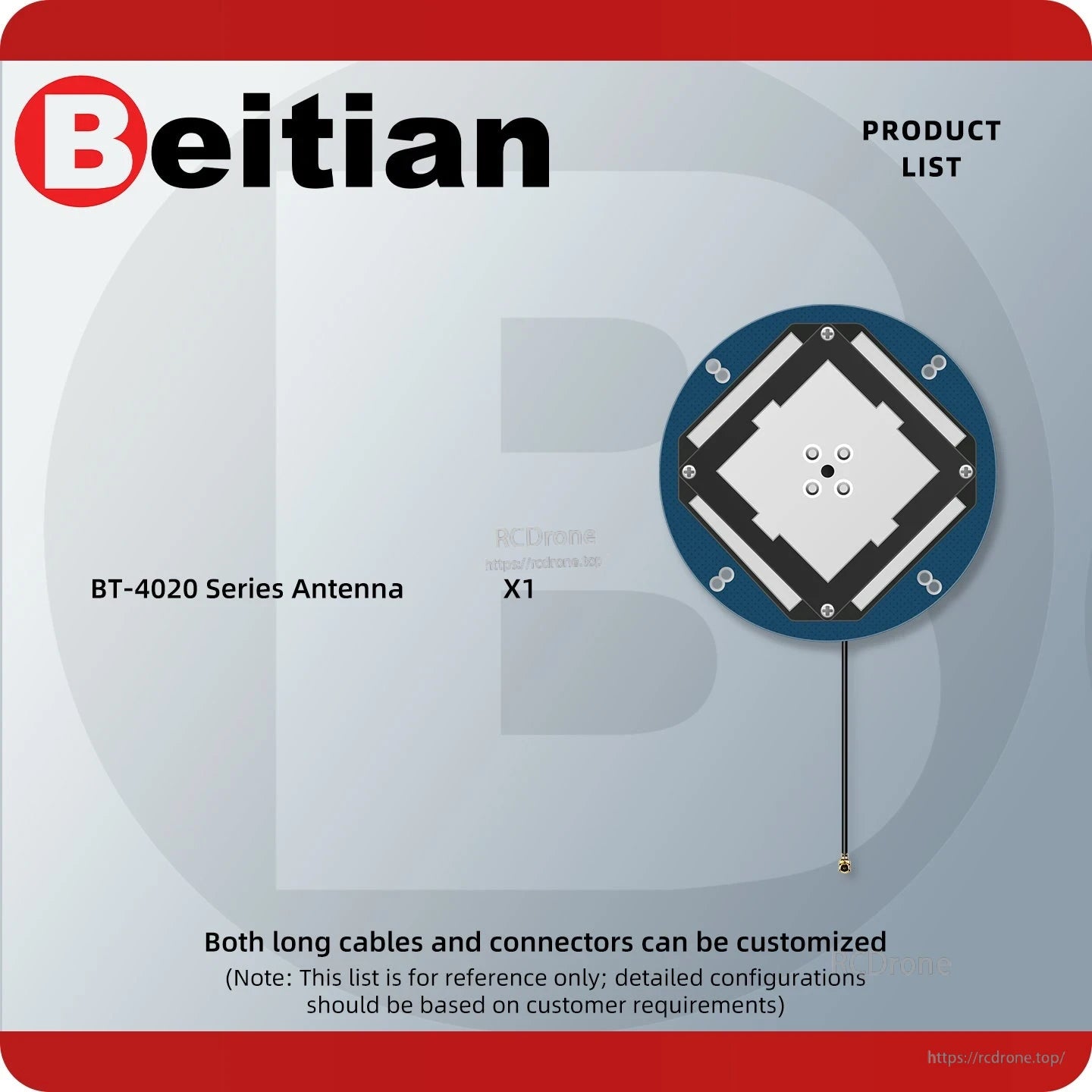 Product list graphic showing BT-4020 series antenna x1 with cable; notes customizable cable and connector
