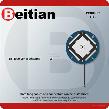 Product list graphic showing BT-4020 series antenna x1 with cable; notes customizable cable and connector