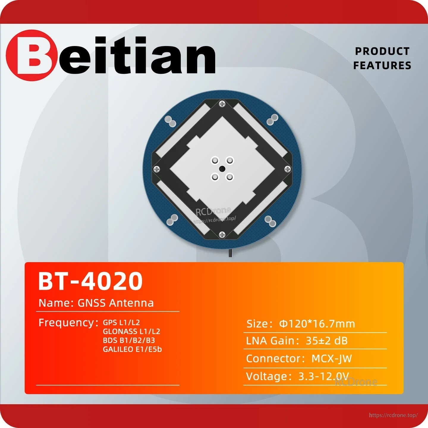 Beitian BT-4020 GNSS antenna product features card with frequency list, size, LNA gain, connector and voltage
