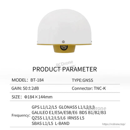 Product parameter graphic for model BT-184 GNSS antenna with TNC-K connector and size