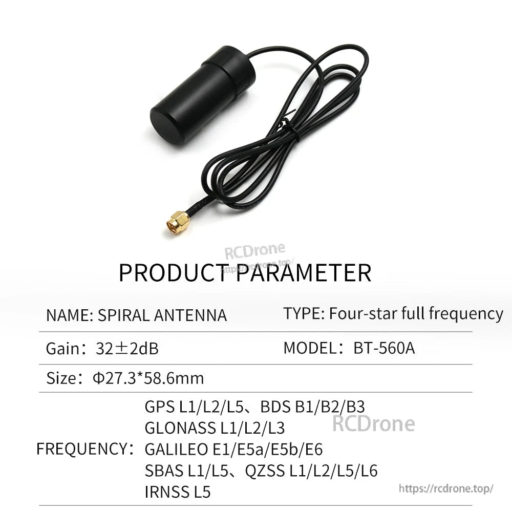 BT-560A product parameter image with antenna and cable, listing size 27.3×58.6 mm and GNSS bands