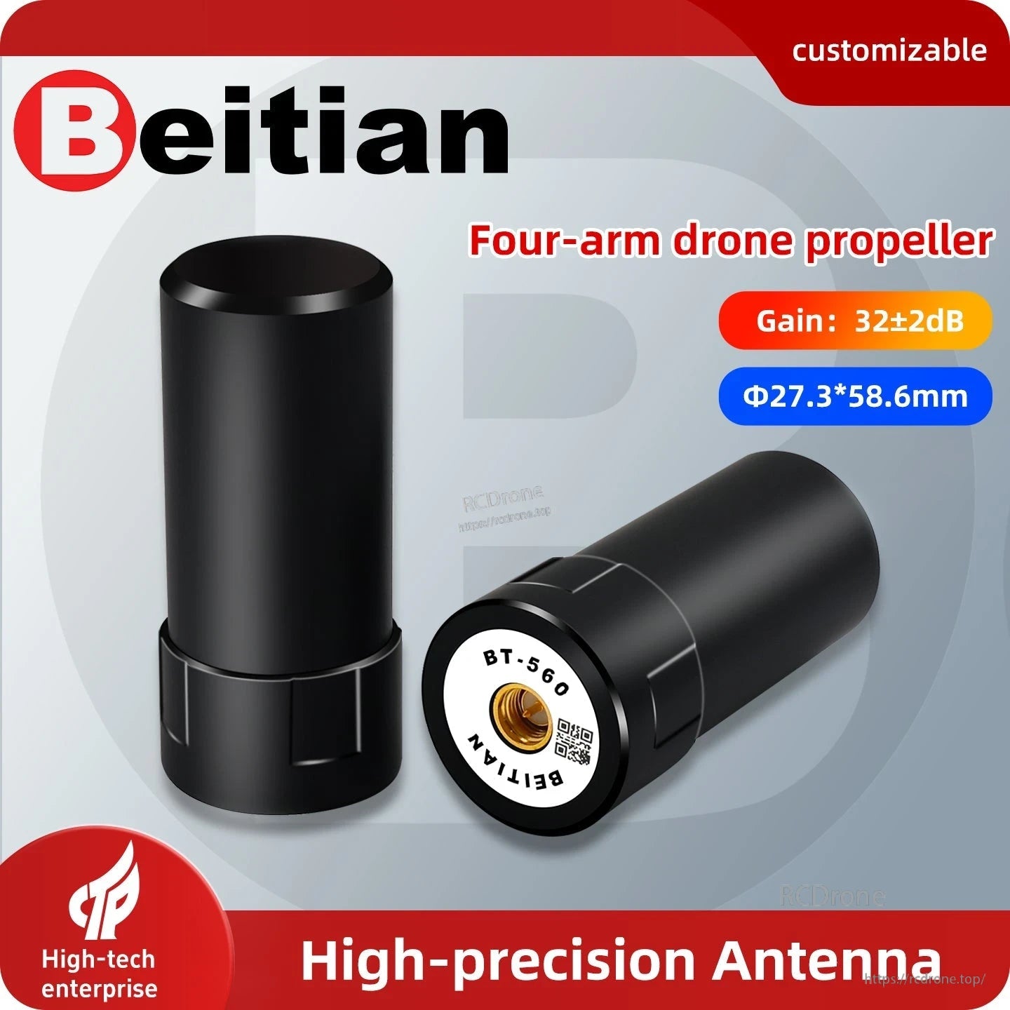 Beitian BT-560 high-precision antenna graphic showing gain 32±2 dB and size 27.3×58.6 mm