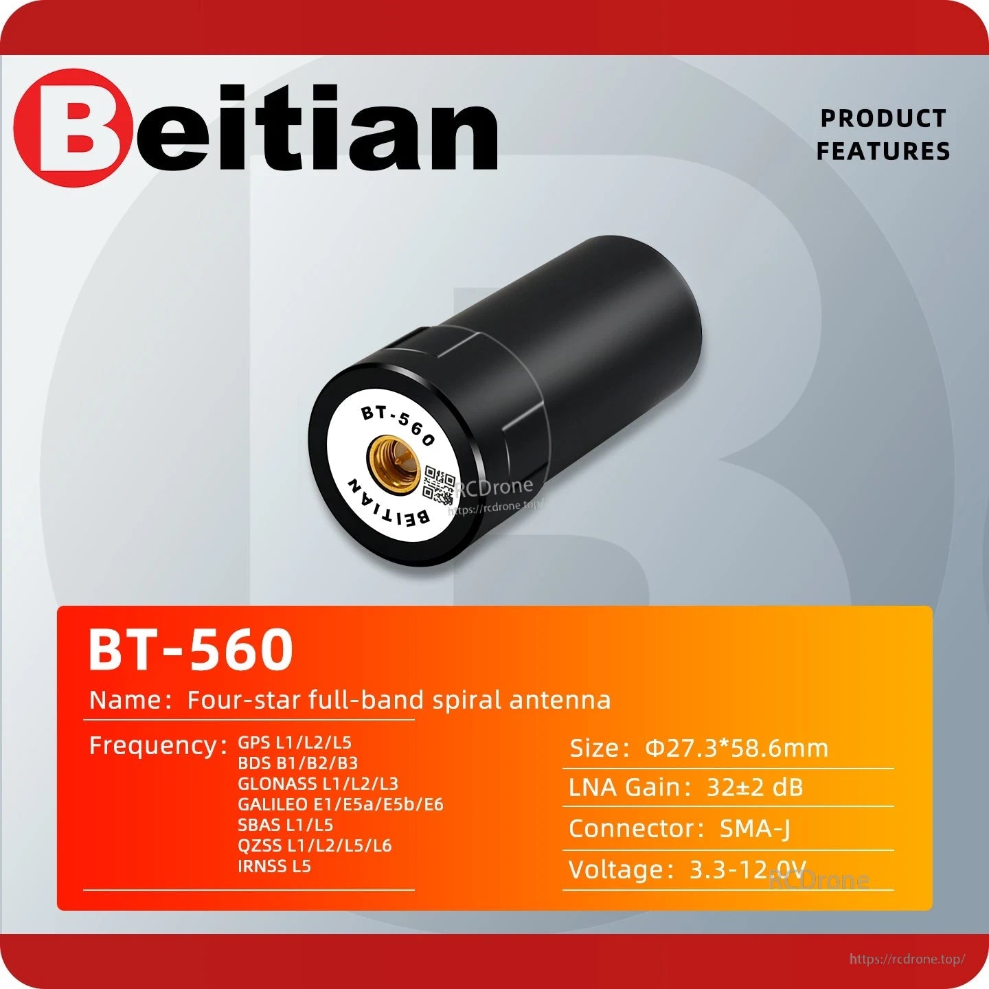 BT-560 product features panel listing frequencies, SMA-J connector, gain 32±2 dB, voltage 3.3–12.0V