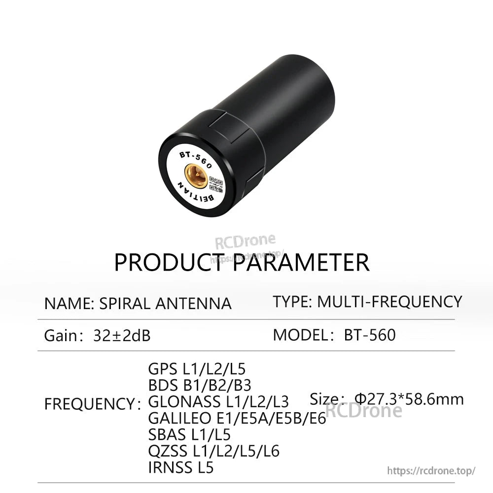 BT-560 product parameter table showing multi-frequency spiral antenna type, gain 32±2 dB and bands list