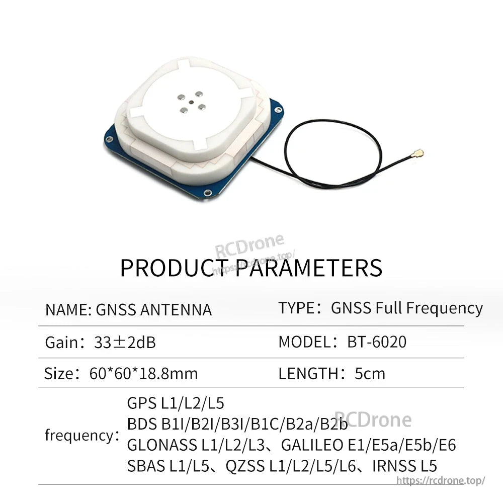 Product parameters graphic for BT-6020 GNSS full frequency antenna showing 60×60×18.8 mm size and 5 cm lead