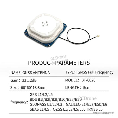 Product parameters graphic for BT-6020 GNSS full frequency antenna showing 60×60×18.8 mm size and 5 cm lead