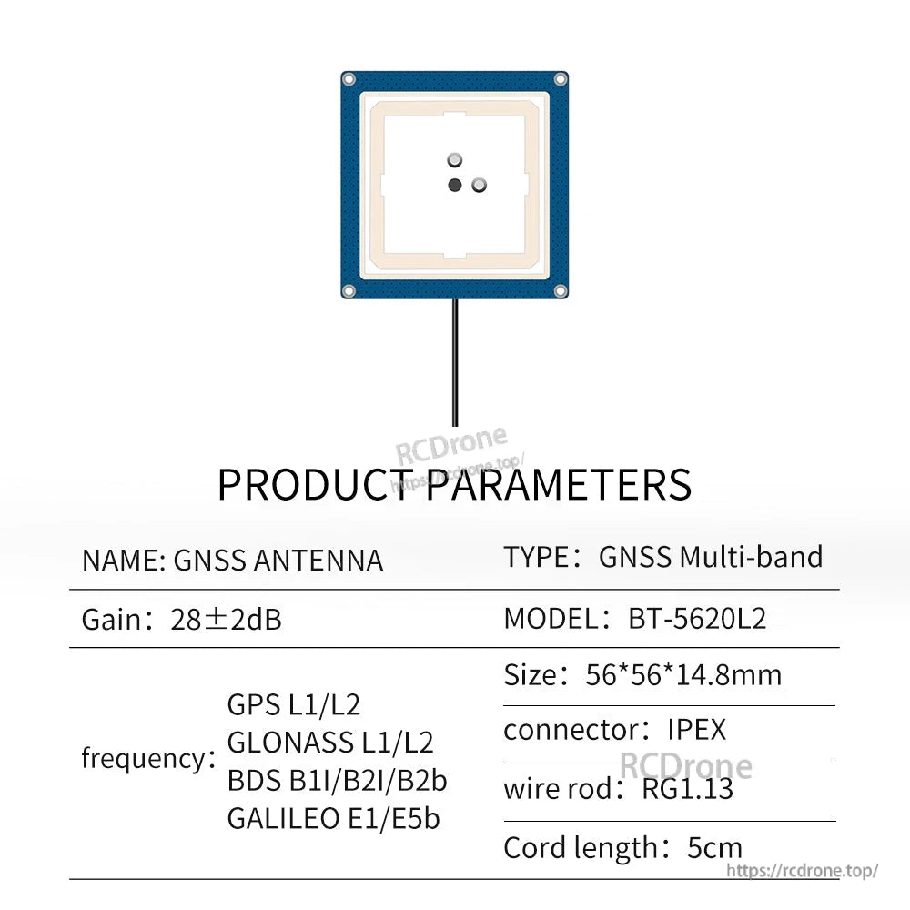 Beitian BT-5620 GNSS Active Antenna BT-5620L2 parameter chart with size, IPEX connector and 5 cm cord