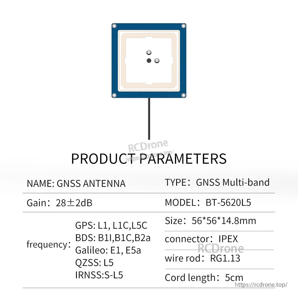 Beitian BT-5620 GNSS Active Antenna BT-5620L5 parameter chart with listed bands, size and IPEX connector