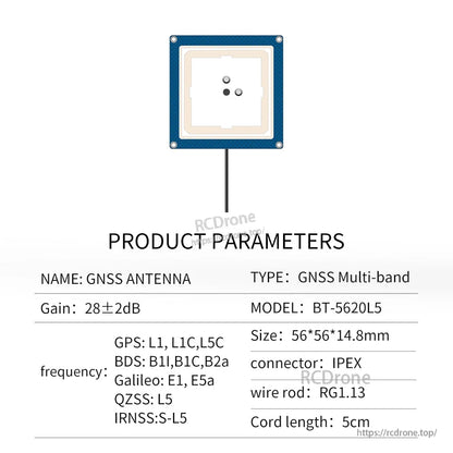 Beitian BT-5620 GNSS Active Antenna BT-5620L5 parameter chart with listed bands, size and IPEX connector